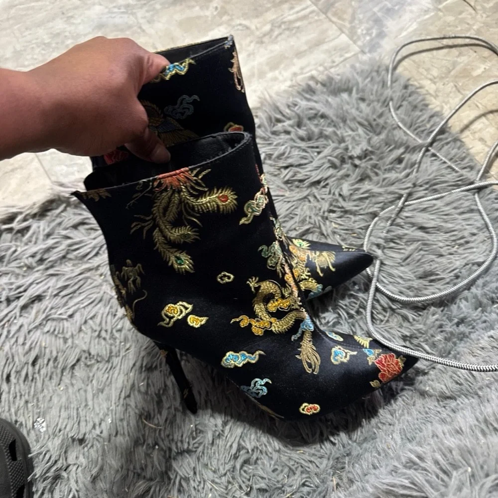 Floral Embroidered Black Stiletto Boots - Picture 2 of 3